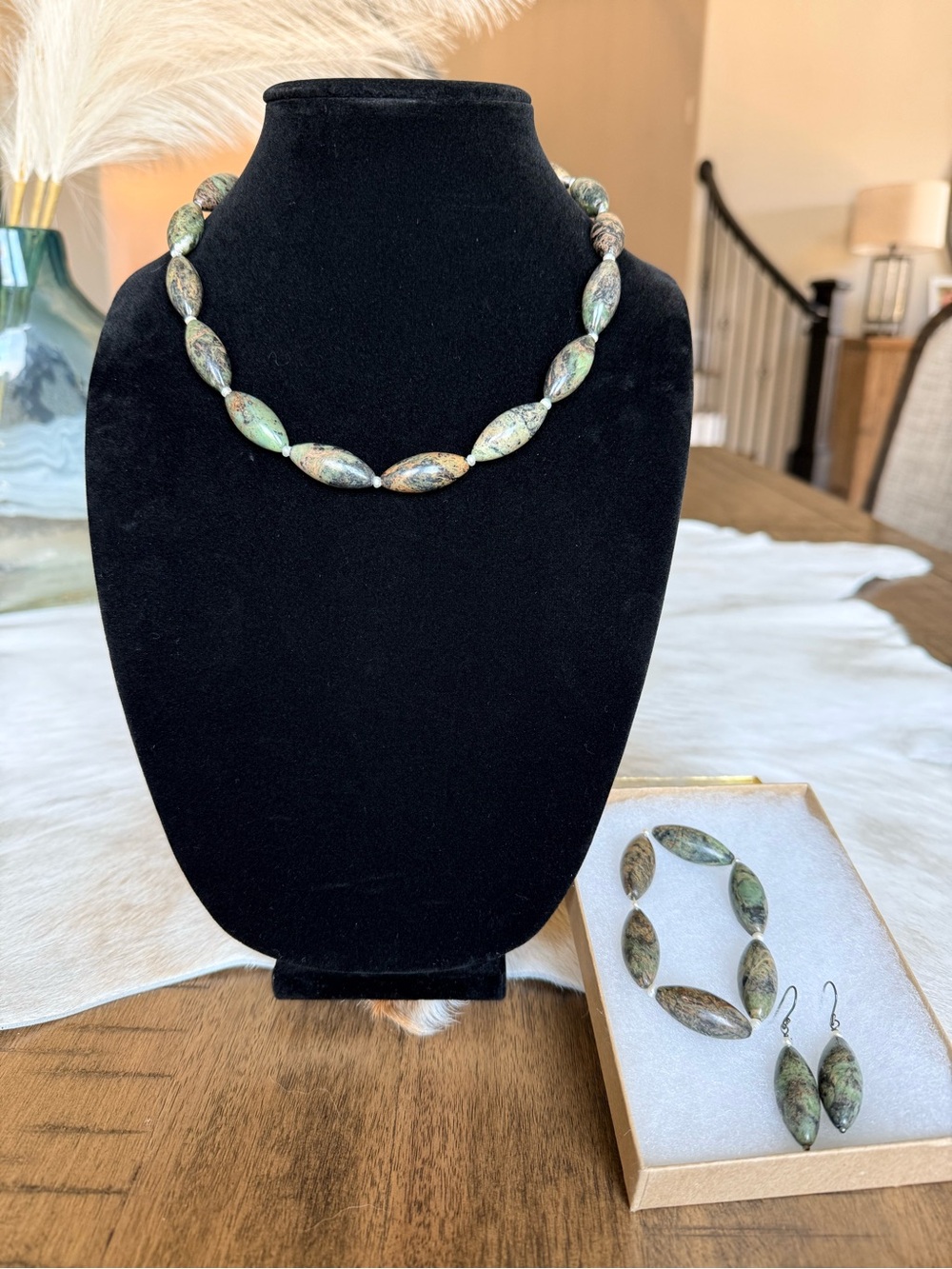 Handcrafted Green Marbled Bead Necklace and Earring Set